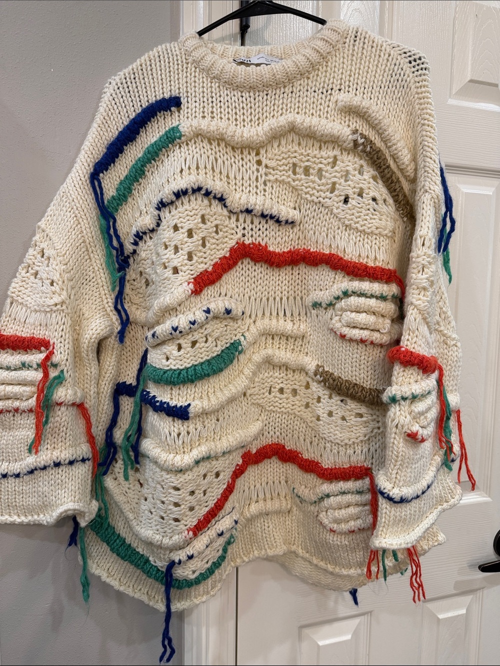 Zara Overwized Cream Boho Multicolor Fringe Knit Sweater Sz M
